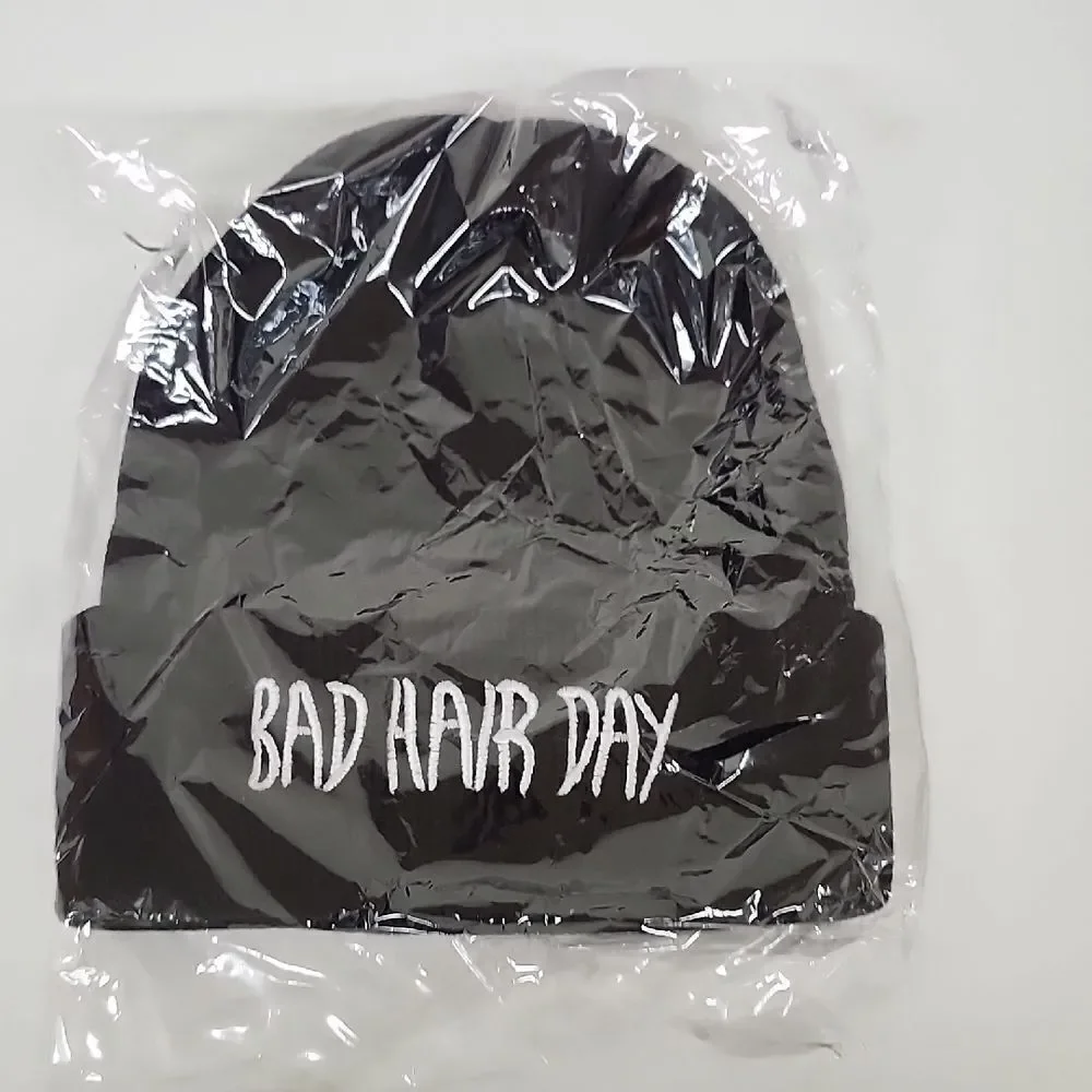Trendy Black 'Bad Hair Day' Embroidered Beanie